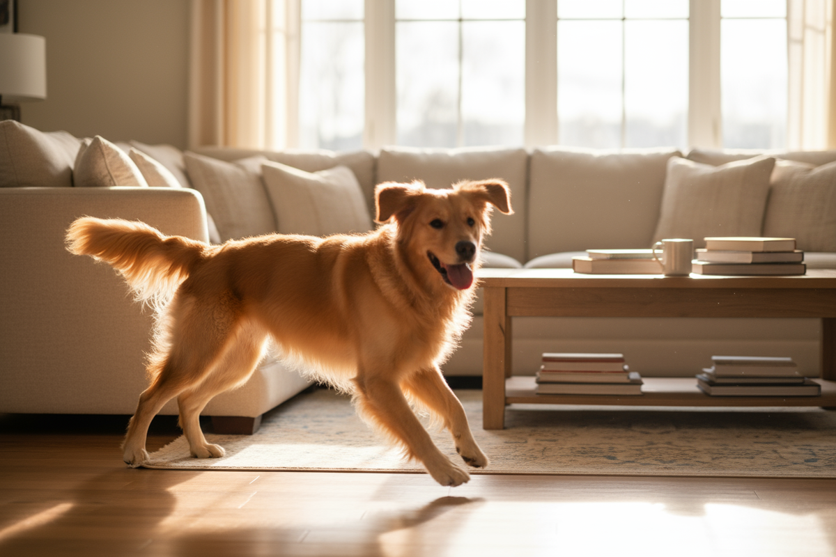dog running around the house